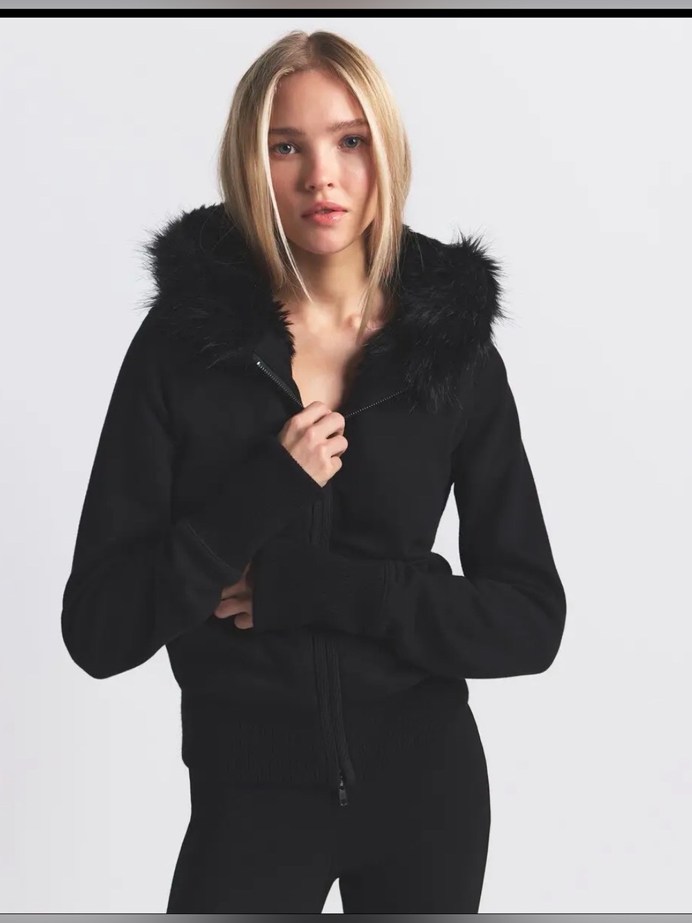 SKIMS Cotton Fleece Faux Fur Lined Full Zip Sweatshirt Jacket Black Small